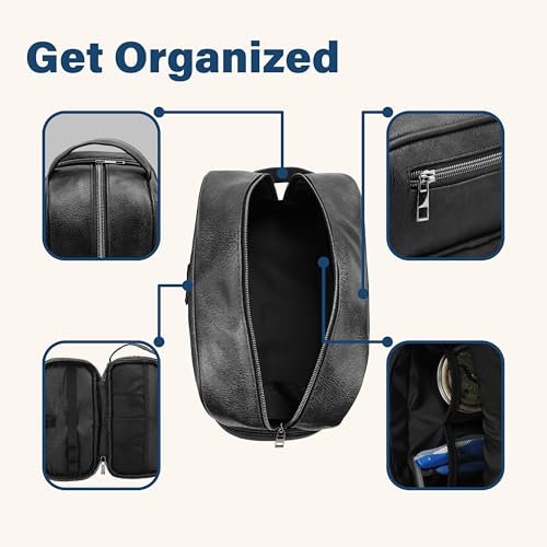 emissary Leather Travel Toiletry Bag for Men, Dopp Kit - Black | Water-resistant leather, large capacity + organizer pockets; refined men's travel Dopp kit, carry-on ready - color: Black