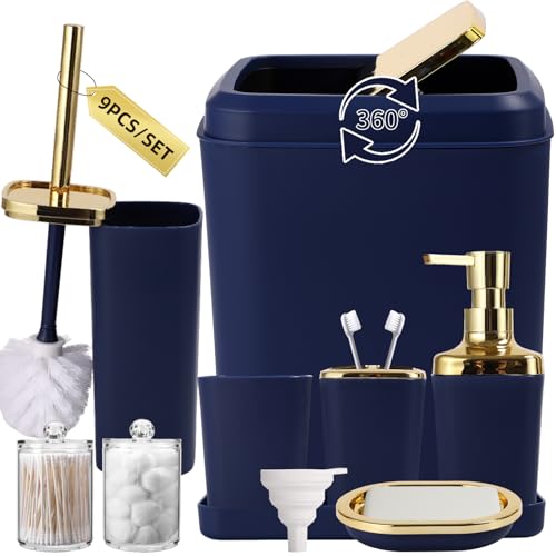 XLHOMO Bathroom Set, 9PC Bathroom Accessory Set, Blue Bathroom Accessories, Blue Bathroom Set, Trash Can, Soap Dispenser for Home Decor - color: Navy Blue and Gold, size: Bathroom Set