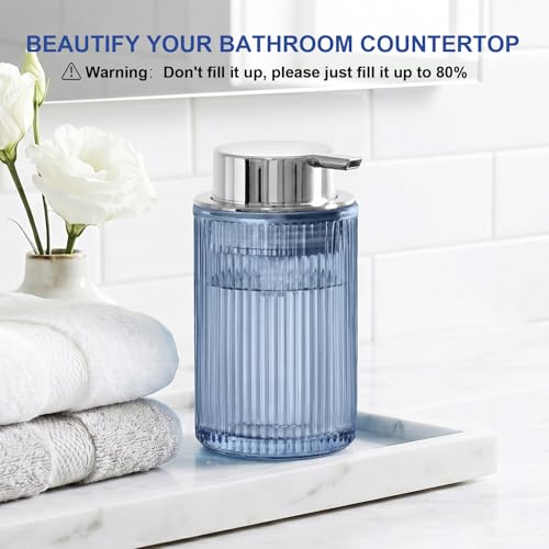 KASUNTING Blue Glass Foaming Soap Dispenser, Ribbed Foam Hand Soap Dispenser for Bathroom, 11 Fl Oz Refillable Foaming Pump Bottle with Black Pump, Modern Dish Soap Foam Dispenser - color: Blue Bottle+ Sliver Pump, size: Foam-1 Pack