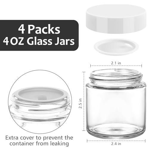 Accmor 4 oz Glass Jars with White Lids, 4 Pack Empty Glass Jars Makeup Sample Container with Inner Liners, Leakproof Round Airtight Cosmetic Travel Containers for Lotions, Creams, Candle Making - color: White, size: 4 Ounce