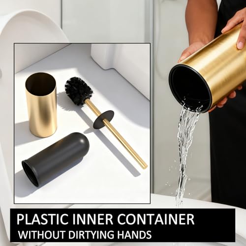 Toilet Brush and Holder Set, NEWRAIN 304 Stainless Steel Toilet Brush with Long Brush Handle, Brushed Gold Toilet Scrubber and Covered Holder, Round Design Sturdy and Space Saving, Covered Brush - color: Brushed Gold