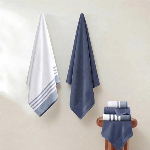 Modern Threads 6-Piece Towel Set – 100% Cotton, Quick Dry, Ultra Absorbent – Includes 2 Bath, 2 Hand, 2 Washcloths (White/Reinhart Blue) - color: Blue, style: Classic Stripe