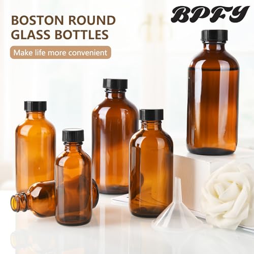 24 Pack 4 oz Amber Boston Glass Bottle with Black Poly Cap, Funnel, Chalk Labels, Pen for Homemade Vanilla Extract, Essential Oils, Wedding, Christmas, Holiday Gift - size: 4oz 24Pack