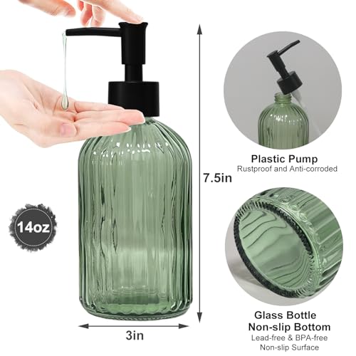 Green Glass Soap Dispenser with Black Plastic Pump, 13.5oz Refillable Liquid Hand Soap Dispenser, Lotion Dish Soap Dispenser for Modern Home Decor, Bathroom, Kitchen Countertop, Hotel - color: Green