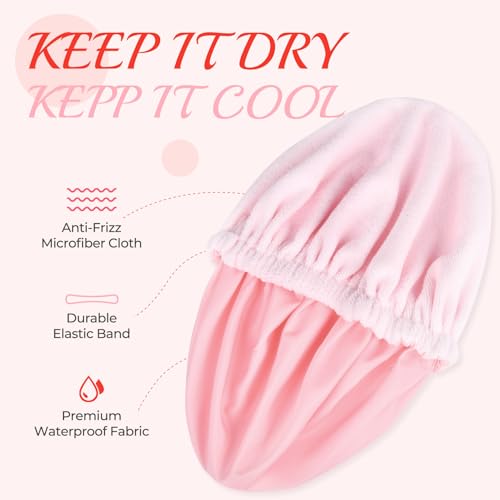 Pink Shower Cap for Women Terry Lined Bath Cap Large Reusable Waterproof Elastic Band Shower Caps for Long Thick Hair Soft Bath Shower Hair Caps - color: PINK
