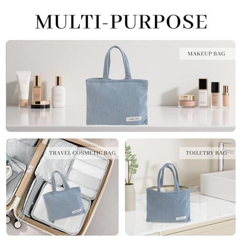 Wudygirl Makeup Bag Travel Cosmetic Bag for Women Small Makeup Pouch with Handle Zipper Cosmetic Pouch Handbag Aesthetic 8.3" x 6.7"(Light Blue) - color: Light Blue