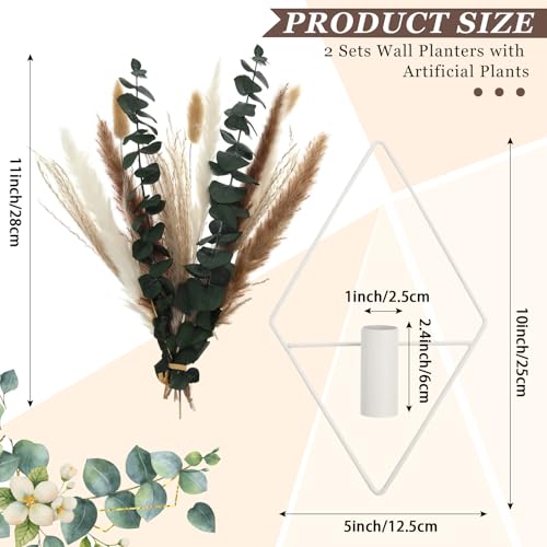 Jexine 4 Pcs Hanging Planters with Artificial Pampas Eucalyptus Metal Hanging Vase Indoor Plants Holder Modern Geometric Boho Bathroom Wall Decor for Living Room Home Office, Matte White - color: Matte White, size: Pampas, Eucalyptus