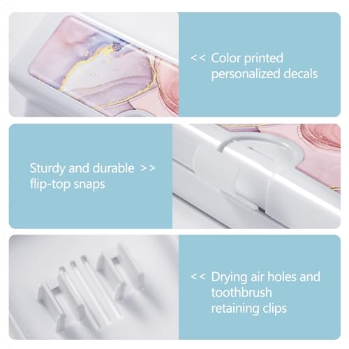 Toothbrush Travel Case - Colorful Pattern, Holder and Covers for Toothbrushes, Includes Tongue Scraper Case - color: Pink Marble, size: Large