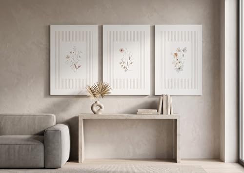 3 Pcs Neutral Botanical Wall Art Floral Canvas Prints Ready to Hang 12x16in | Beige Modern Abstract Plant Wall Decor Vintage Flower Pictures for Living Room Bedroom Home Decor - color: Canvas, size: 12inx16in