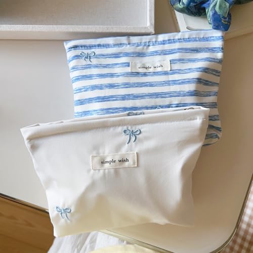 Wudygirl Makeup Bag Travel Cosmetic Bag for Women Small Makeup Pouch with Handle Zipper Cosmetic Pouch Handbag Aesthetic 8.3" x 5.9"(Blue Bow) - color: Blue Bow