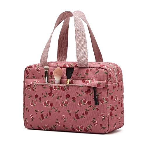 Large Makeup Bag for Women Corduroy Cosmetic bag Make up Bags Zipper Pouch with handle Cosmetic Organizer Toiletry Bag for Travel Storage - color: 7-Red Rose