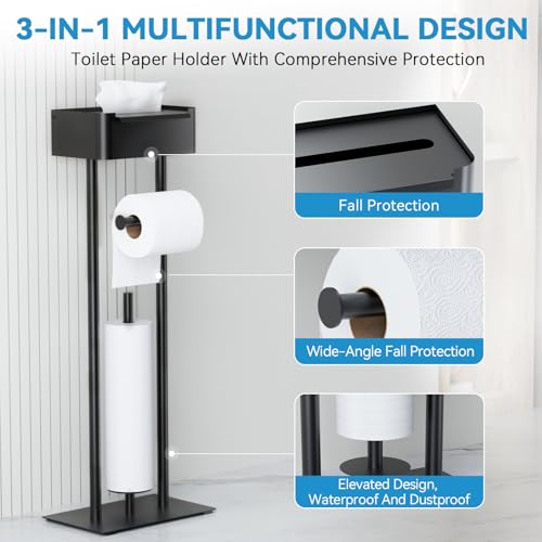 Toilet Paper Holder Free Standing - Toilet Paper Stand with Shelf - Storage for 4 Rolls- Bathroom Organizers, No Drill, for Large Toilet Rolls, 29.7 inch*12.6 inch (Matte Black) - color: Black
