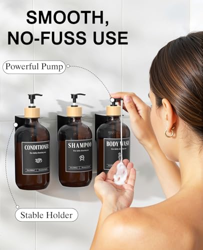 Luxspire Shampoo and Conditioner Dispenser, Shower Soap Dispenser Wall Mounted 3 Sets Plastic Bottles Bamboo Pump, 17OZ Shampoo and Conditioner Bottles for Bathroom, Shower Wall and Hotel, Amber - color: Amber Brown