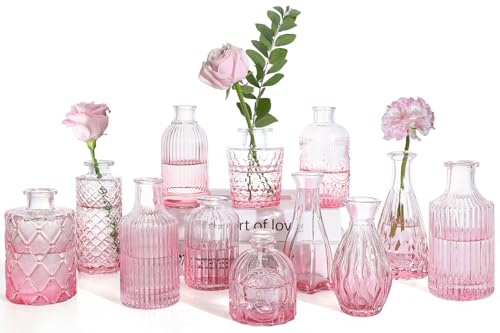TBWIND Pink Glass Bud Vases Set of 12, Vintage Mini Vases for Centerpieces, Glass Bud Vase in Bulk for Wedding Decor, Single Flowers, Office and Home Table Flower Décor - color: Pink-12pcs, size: 12Pcs