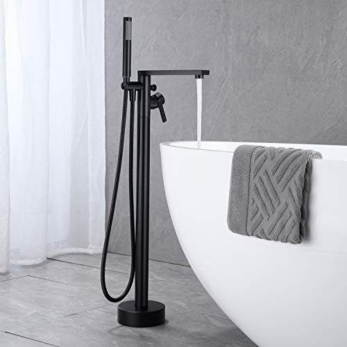 Wowkk Freestanding Bathtub Faucet Tub Filler Black Floor Mount Brass Single Handle Bathroom Faucets with Hand Shower - color: Black, style: Classic