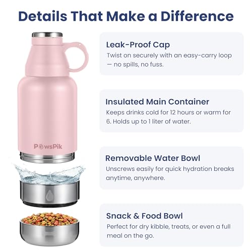 PawsPik 3-in-1 Travel Dog Water Bottle & Bowl Set, 32oz, Pink | Stainless Steel Vacuum-Insulated Bottle with Detachable Food & Water Bowls, Leak-Proof, Keeps Water Cold 12hrs/Hot 6hrs - color: Cherry Blossom Pink