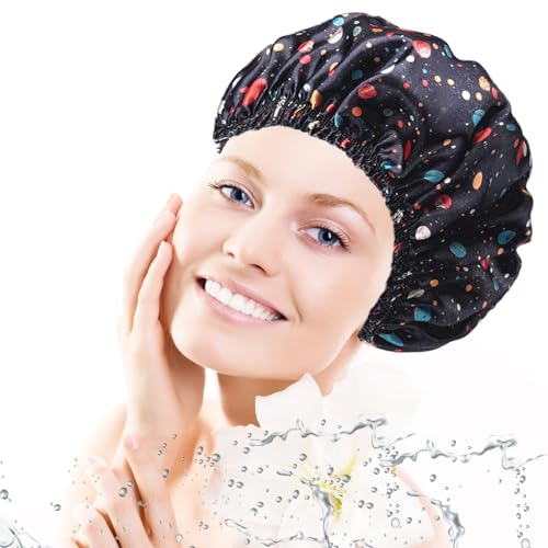 Shower Caps for Women, 4 PCS Elastic and Reusable Bath Caps, Double Layers Shower Cap Reusable Waterproof, Bathing Shower Caps, Environmental Bath Hair Protection Cap - Polka Dots - color: Polka Dots