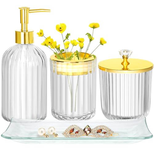 Bathroom Accessories Set, 4Pcs Clear and Gold Glass Bathroom Accessories Sets Complete w/Lotion Soap Dispenser, Toothbrush Holder, Apothecary Jar, Vanity Tray, Bathroom Decor - style: Clear