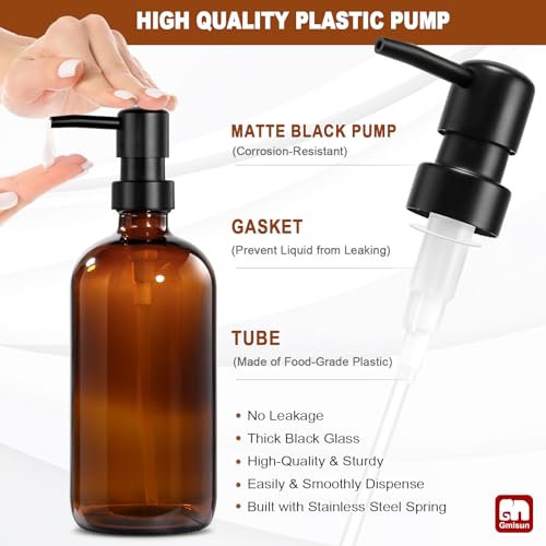 GMISUN Dish Soap Dispenser, 16 Oz Kitchen Soap Dispenser Set with Ceramic Tray & Bamboo Brush, 2 Pack Thick Amber Glass Soap Dispenser, Farmhouse Refillable Hand and Dish Liquid Soap Pump Bottle Set - color: Amber Bottles + Black Pumps