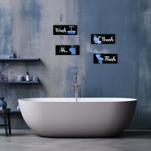 4 Pcs Blue Bathroom Decor Funny Blue And Black Wall Art Wooden Bathroom Accessories Modern Glitter for Home Toilet Decoration 10x4 Inches - color: Blue, size: 10 X 4 Inch