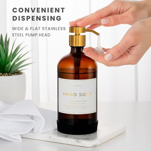 Hand and Dish Soap Dispenser for Kitchen and Bathroom, Set of 2 16 Oz Glass Bottles, Stainless Steel Pumps, Non-Slip Silicone Base, 27 Waterproof Labels (Amber Bottle/Brushed Gold Pump) - color: Amber Bottle / Brushed Gold Pump