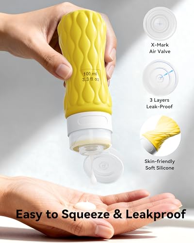 Silicone Travel Bottles for Toiletries 8 Pack Travel Size Toiletries 3.4 oz 1.7 oz, Leakproof Squeeze Travel Size Containers Refillable Cosmetic Jars Set for Shampoo, Conditioner, Creams - color: Pink Yellow-3.4oz/1.7oz