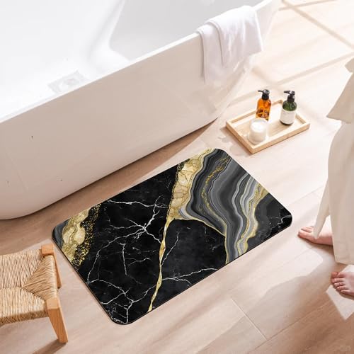 Black Gold Marble Bath Mat,Fast Drying Modern Stylish Bathmats for Bathroom, Non Slip Soft Diatomaceous Bath Rug Bathroom Accessories Thin Doormat for Home Kitchen 17 X 29.5 Inch - color: Black Gold Marble