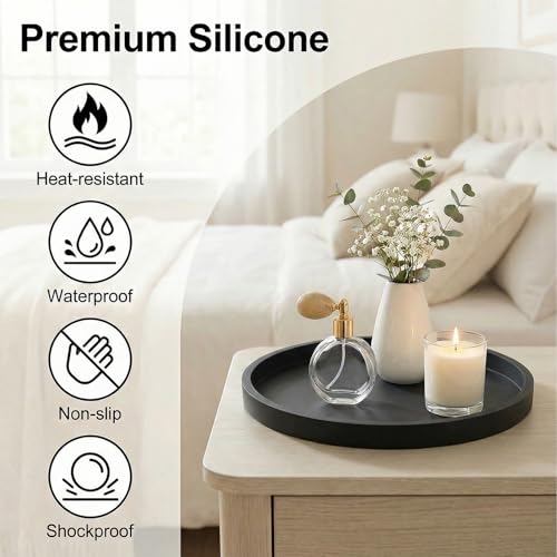 Round Tray Silicone Black, 10.6 Inch Bathroom Tray Countertop Decor, Vanity Trays for Bathroom Organizers, Waterproof Bathroom Tray for Counter, Decorative Coffee Table Tray - color: Black, size: 10.6"