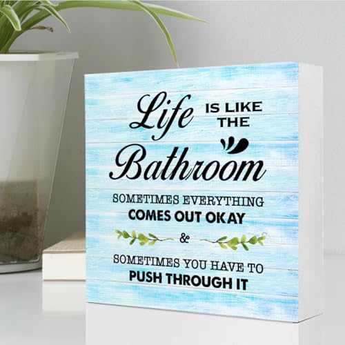 Blue Wood Life is Like The Bathroom Wooden Box Sign Desk Decor,Funny Bathroom Wood Block Sign for Farmhouse Toilet Shelf Decor - color: Blue Rustic