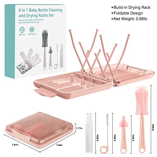 YomauiYee Baby Bottle Brush Set-6 in 1 Bottle Brush Cleaner with Silicone Bottle Brush,Drying Rack,Nipple Brush,Straw Brush,Soap Dispenser&Storage Box-Baby Essentials Gifts for Home&Travel(Pink) - color: Pink