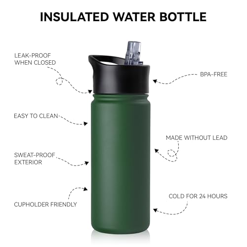 16 oz Insulated Water Bottle for School, Straw & Spout Lid, Keep Cold 24H, Spill Proof, BPA-Free, Double Wall Stainless Steel Kids Water Bottles for Sports, Gym, Travel, Dark Green - color: Dark Green, size: 16 Ounces