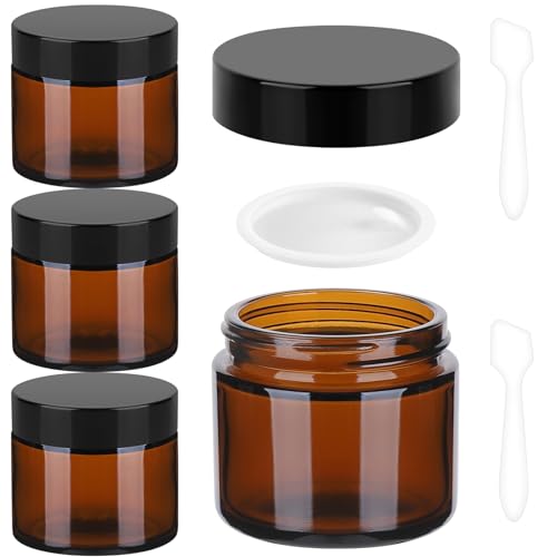 Accmor Glass Jars with Lids, 4 Pack 2 OZ Amber Makeup Sample Container with Inner Liners & Spatulas, Leak Proof Round Travel Cosmetic Storage for DIY Making Lotions, Creams, Body Scrub, Bath Salts - color: Amber, size: 2 Ounce