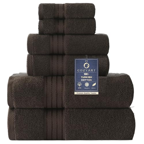 COZYART Brown Bath Towel Set, Cotton Hotel Large Towel Bulk for Bathroom, Thick Bathroom Sets of 6 with 2 Bath Towels, 2 Hand Towels, 2 Washcloths, 650 GSM - color: Brown, size: 6 Piece Towel Set