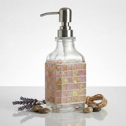BOPPIE Handcrafted Mosaic Glass Soap Dispenser, Modern Countertop Hand & Dish Soap Dispenser for Bathroom/Kitchen, Refillable Liquid Soap Bottle with Stainless Steel Rust Proof Pump (Mosaic Golden) - color: Mosaic Golden