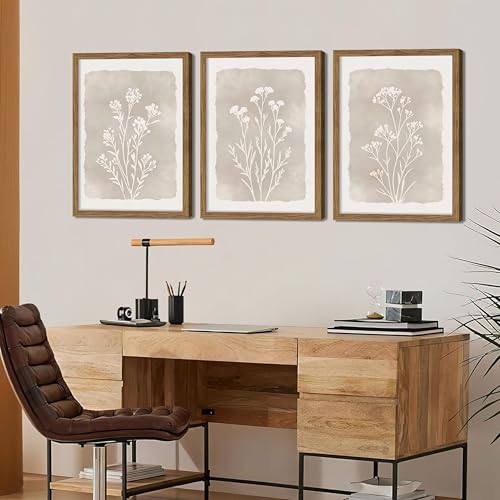 Framed Boho Botanical Flower Wall Art Set of 3, Vintage Minimalist Neutral Floral Wall Decor Paintings, Rustic Farmhouse Wildflower Artwork Prints Picture for Living Room Bedroom Bathroom 12x16 Inch - color: Gray Flowers, size: 16"L x 12"W