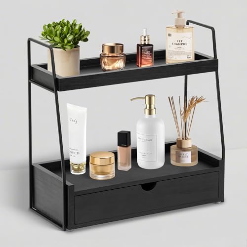 2-Tier Bathroom Organizer Countertop with Drawer, Wood Counter Organizer for Bathroom Decor, Sink Shelf for Vanity Storage, Makeup Tray for Perfume Skincare, Spice Rack Bedroom Kitchen Corner - color: Black