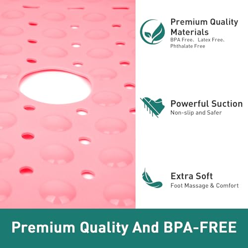 Large Square Shower Mat 27 x 27 Inch Pink, Non Slip Shower Bathtub Mats for Inside Shower with Big Suction Cups Drain Holes, Anti Slip Bathroom Floor Shower Stall Mats, Easy Clean, BPA-Free - color: Pink