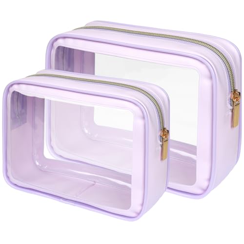 PACKISM Clear Makeup Bag Foldable - TSA Approved Toiletry Bag for Travel | Metal Zipper, Reinforced Seam, Water Resistant, Medium for Carry-on, Large for Checked Luggage, for Car Storage Organizer - color: 2 Pack Purple, size: Hybrid Traveler (1 Large & 1