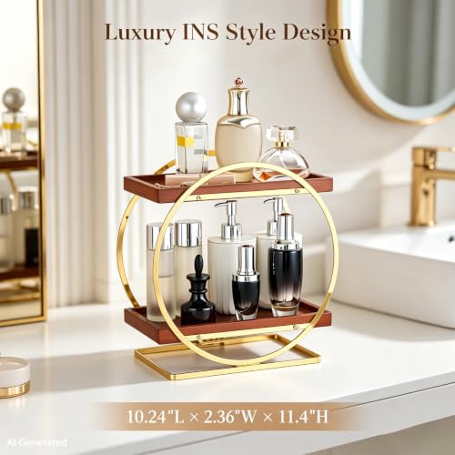 2-Tier Bathroom Counter Organizer, Wood Bathroom Organizer for Vanity Makeup Skincare Cologne Storage, Bamboo Perfume Organizer for Dresser, Countertop Shelf for Bathroom Kitchen, Gold & Brown - color: Gold and Wood