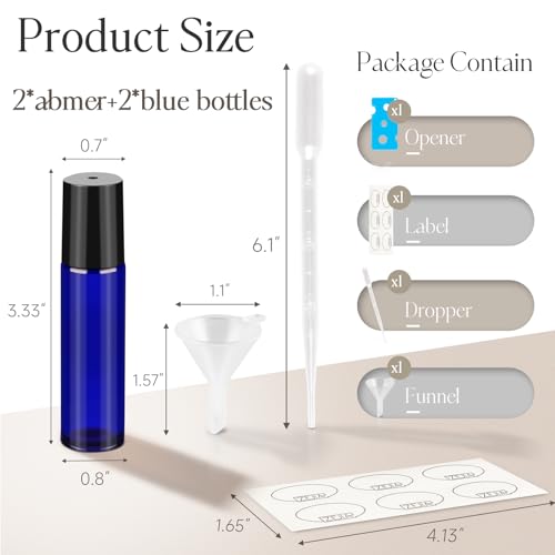 10ml Roller Bottles for Essential Oils, 4 Pack Glass Roll on Bottles, Refillable Perfume Bottle, with Stainless Steel Roller Balls, 2 Droppers, 1 Opener, Labels (Amber+Blue) - color: Blue