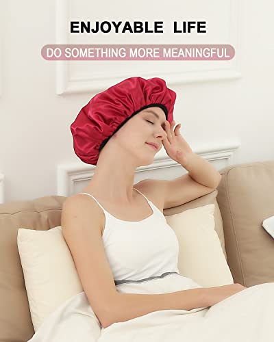 YIZIJIZI Triple Layer Reusable Waterproof Shower Cap for Women Large Terry Lined Hair Cap for Long Thick Hair Travel Bath Care Red - color: Red