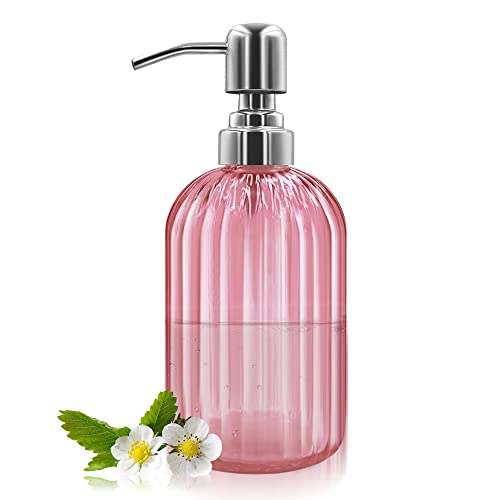 14 Oz Glass Soap Dispenser with 304 Rust Proof Stainless Steel Pump, Refillable Hand Liquid Soap Dispenser for Bathroom, Kitchen, Countertop, Laundry Room (Pink) - color: Pink