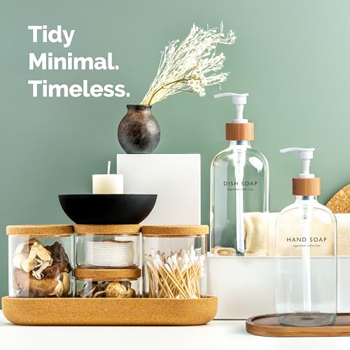 Vine Creations Clear Glass Soap Dispenser Set, Hand Soap and Dish Soap Dispenser Set with Bamboo Tray, 16 oz Glass Dispensers Bottle for Kitchen and Bathroom Decor Modern Boho with Bamboo Pump (Clear) - color: Clear