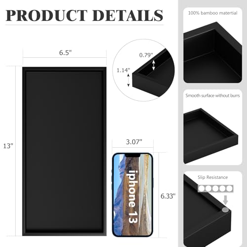 ZHWS Black Bathroom Vanity Tray for Countertop Perfume Makeup Jewelry Candle Decor, Kitchen Tray for Soap Dispenser Spice Salt, Large Black Tray for Toilet Tank Paper, Serving Nightstand 13”x6.5” - color: Black, size: 13" x 6.5" x 1.1"