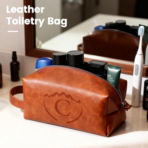 Toiletry Bag for Men,Mens Travel Toiletry Organizer,Personalized Men's Travel Essentials,Water Resistant PU Leather Shaving Bag for Dad Husband Boyfriend, Birthday Gifts for Him,Brown - C - style: Brown C