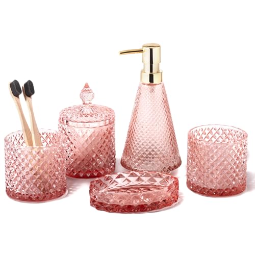 EMPO 5Pcs Diamond Glass Bathroom Accessories Complete Set, Triangle Vintage Lotion Dispenser, Soap Dish, Toothbrush Holder, Tumbler, Cotton Swab Jars, Modern Decor, Housewarming Gift Set (Fresh Pink) - style: Diamond Fresh Pink Set