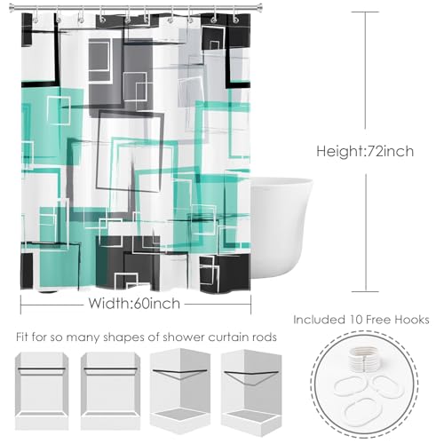 Teal Geometric Shower Curtain with Hooks Mid Century Modern Neutral Geometric Fabric Shower Curtain Modern Design Teal and Grey Pattern Abstract Bathroom Curtains Shower Set, 72Lx60W inches - color: Teal, size: 60"W x 72"L (Pack of 1)