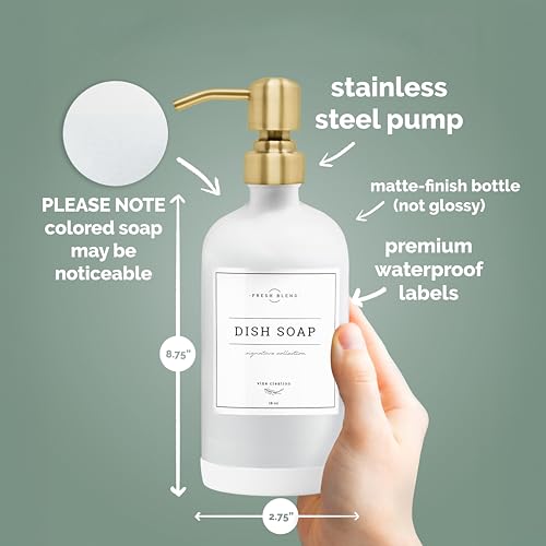 Vine Creations White Glass Soap Dispenser, 2 Pack Kitchen Soap Dispenser Set with Stainless Steel Pump, 16 oz Dish Soap and Hand Soap Dispensers for Bathroom with Waterproof Labels - color: Matte White Bottle / Brushed Gold Pump
