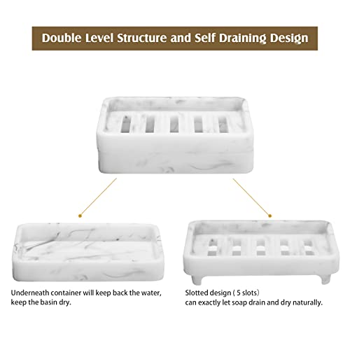 Shinowa Resin Soap Dish, Self-Draining Bar Soap Tray with Drainable Board, Dual Layer Sponge Holder for Bathroom Kitchen Shower Bathtub Sink Counter-top, Marble White