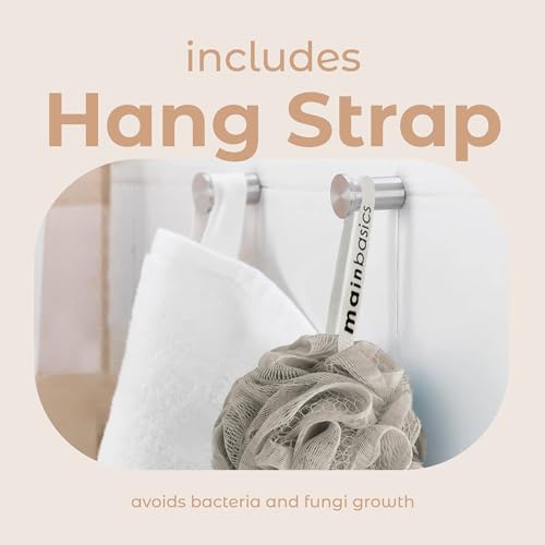 MainBasics Shower Loofah Sponge Pouf, Set of 3, Totally Taupe | Soft Mesh Body Scrubber and Bath Sponge for Gentle Exfoliation, Rich Lather, and Everyday Shower Use - style: Totally Taupe